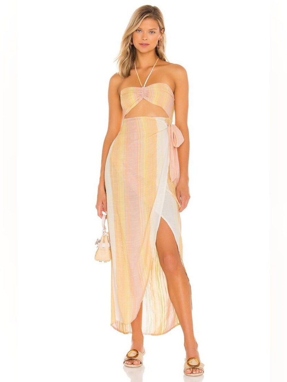 l*space Solana Cover Up Dress Size L Halter Cut Out Striped Pink Yellow Resort